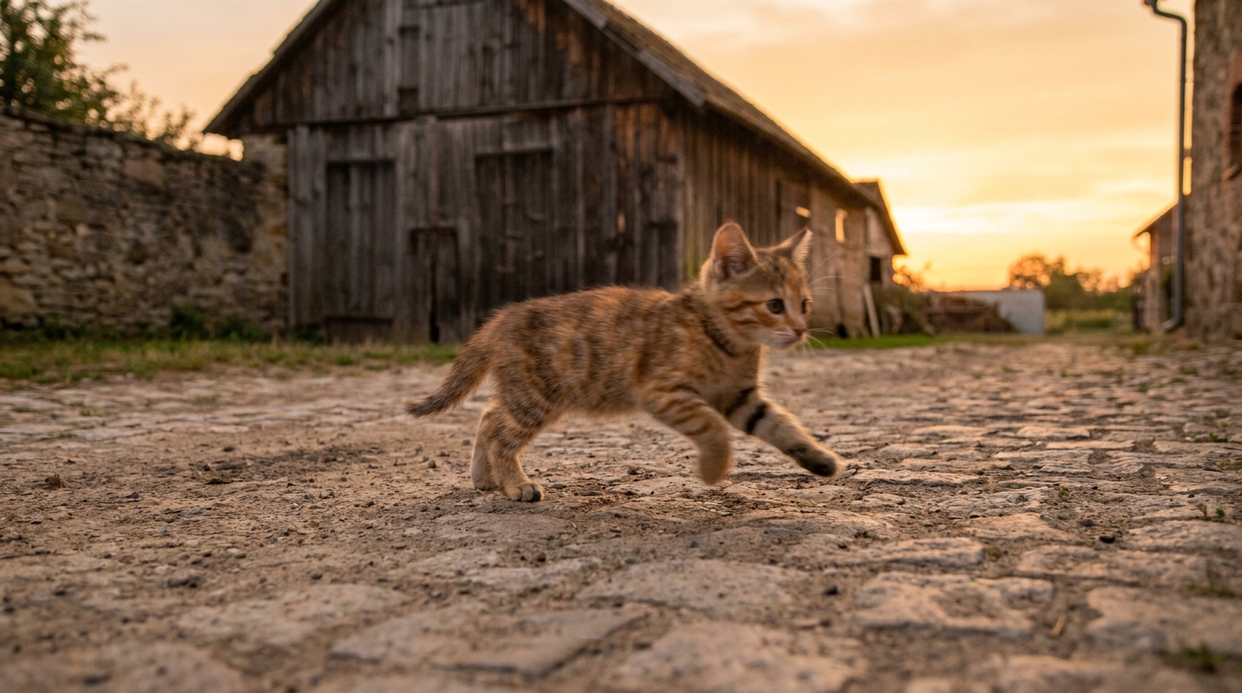 Chaton courant à toute vitesse dans une cour de ferme