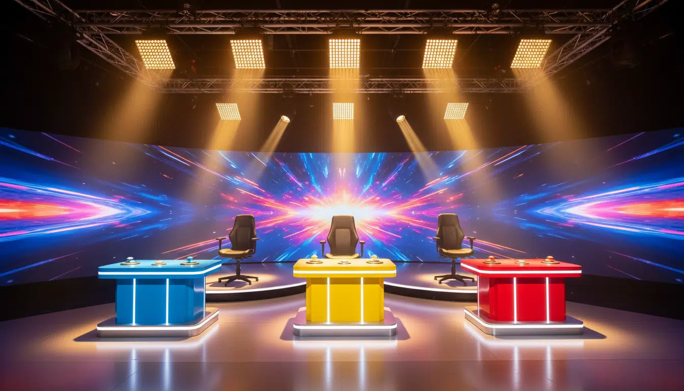Plateau vide d'un jeu télévisé français sous les projecteurs du studio