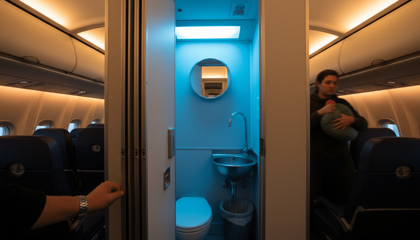 Toilettes exiguës d'un avion commercial