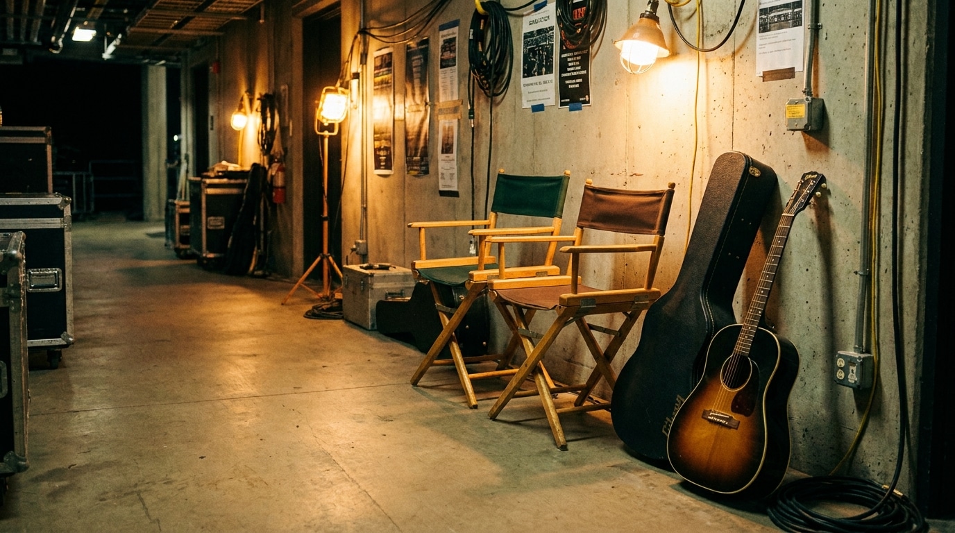 Coulisses d'un stade avec chaises et guitare posée