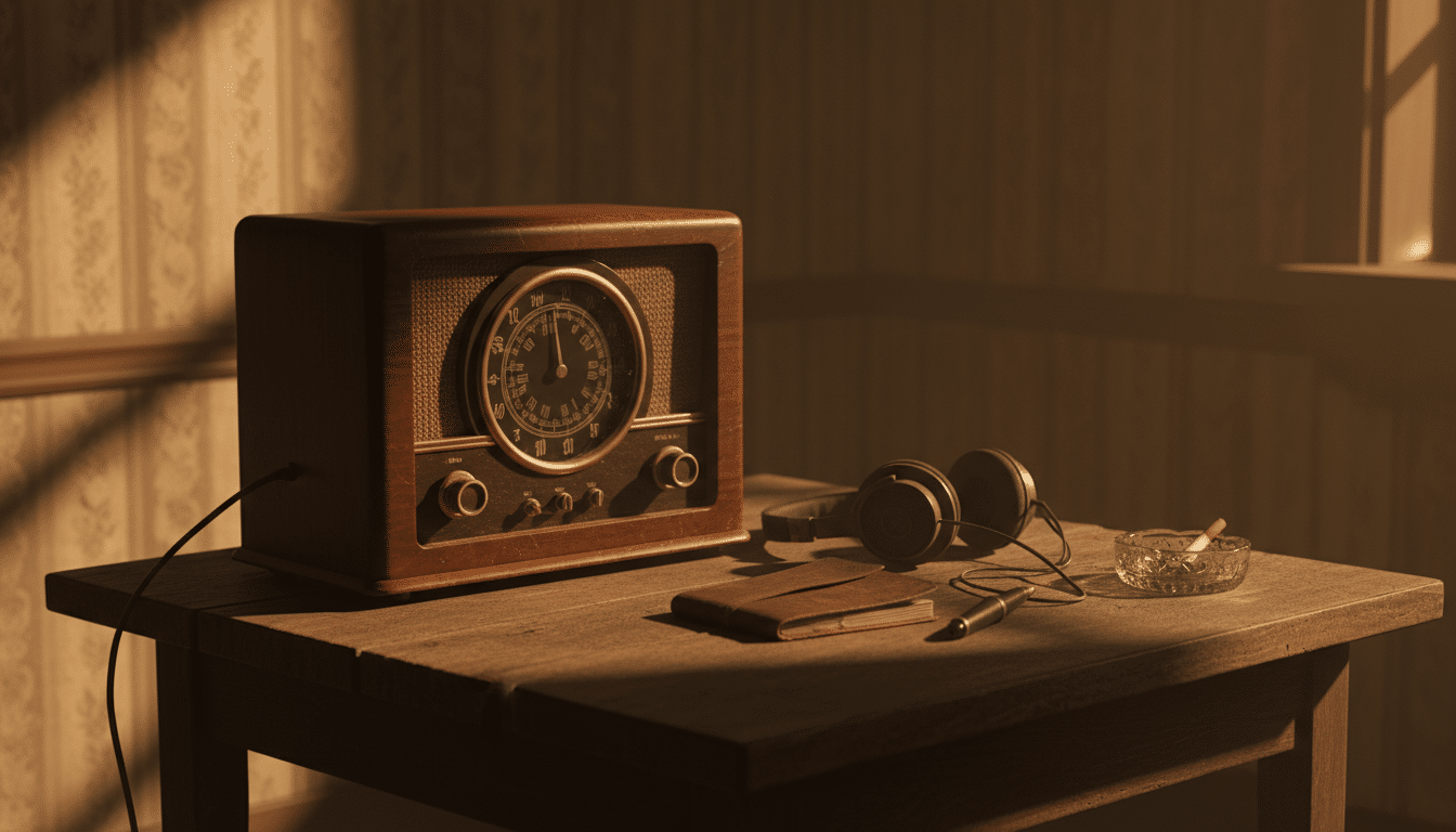 Appareil radio ancien posé sur une table dans une pièce sombre, évoquant une mise sur écoute