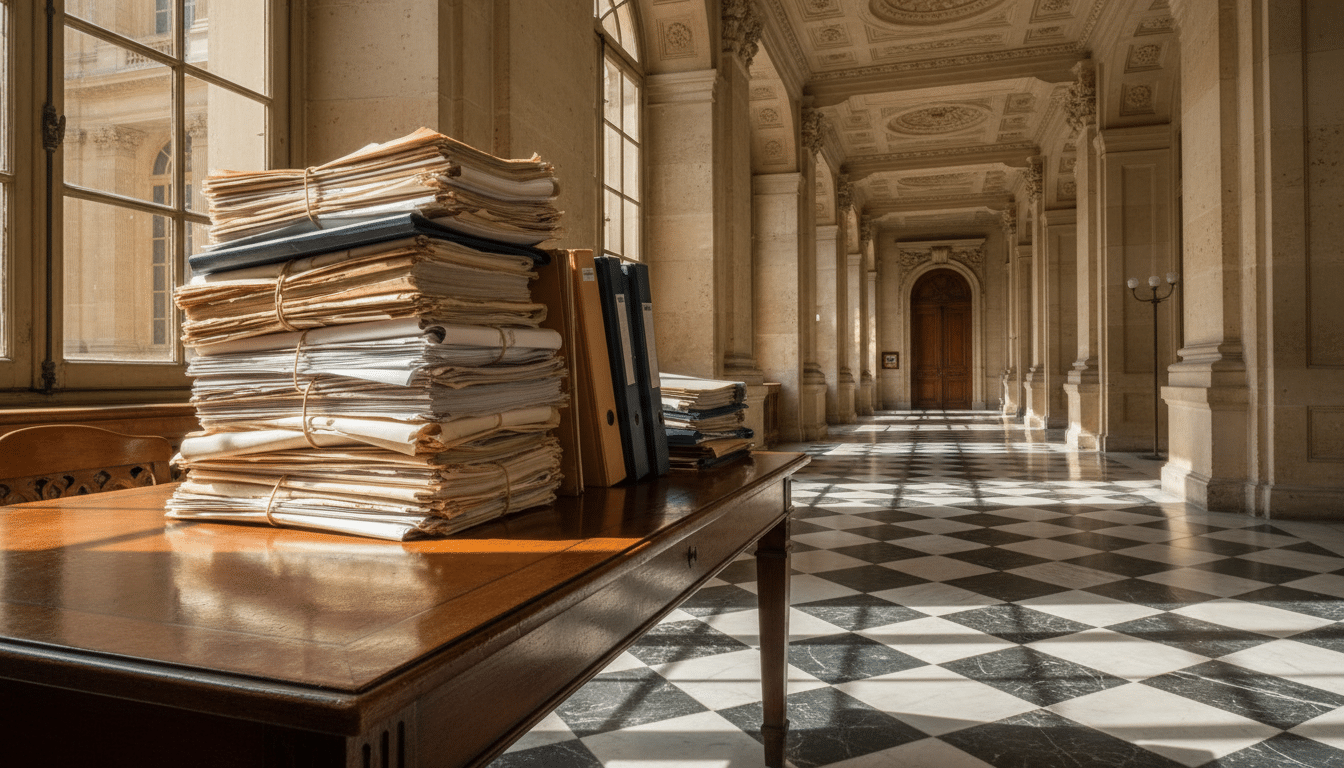 Dossiers judiciaires empilés sur un bureau de tribunal, symbolisant les procédures de divorce en cours