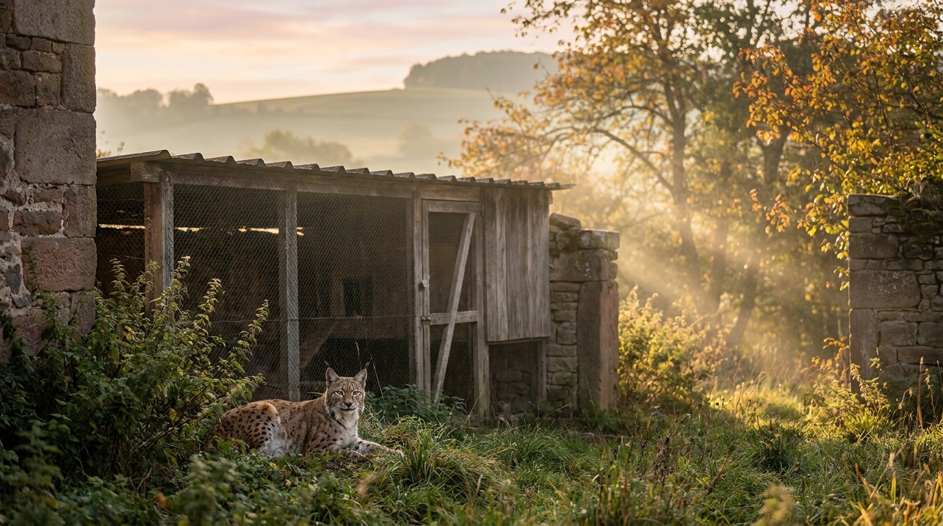 Lynx européen tapi près d'un poulailler en bois