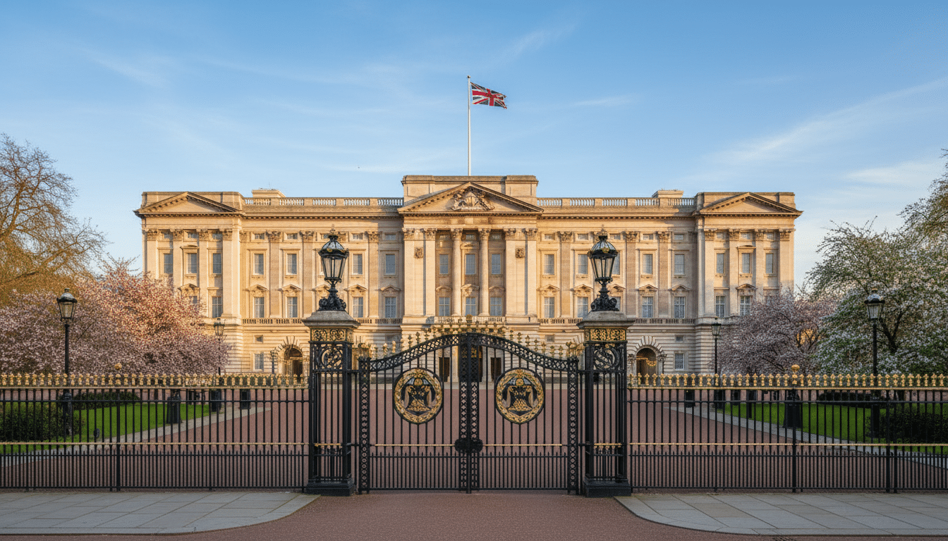 Façade du palais de Buckingham au printemps avec le drapeau britannique