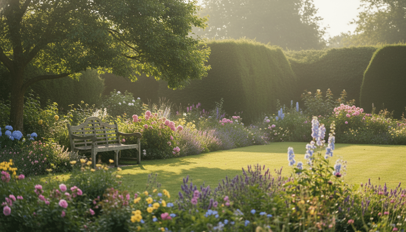 Jardin anglais fleuri baigné de lumière dorée