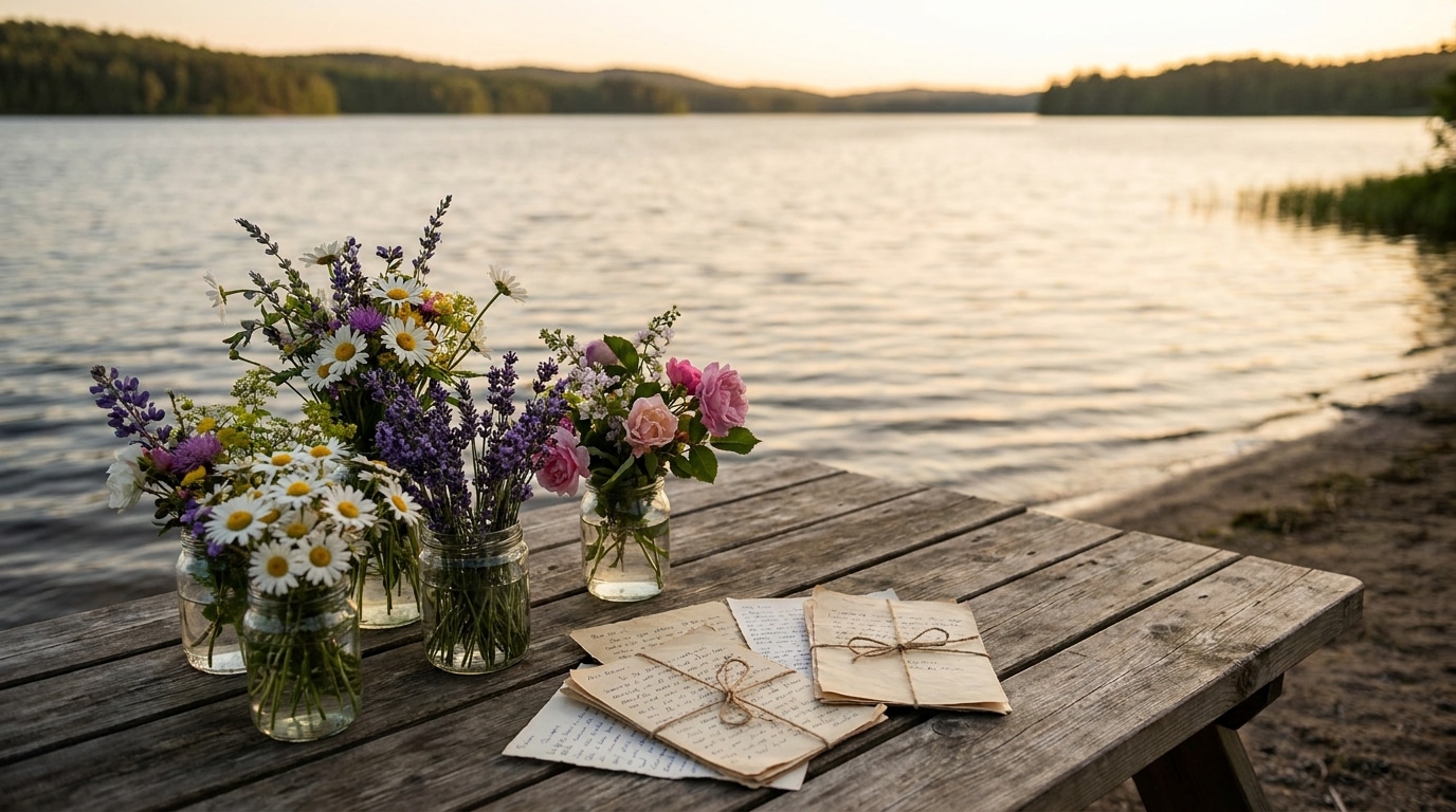 Fleurs et messages posés sur une table en bord de lac