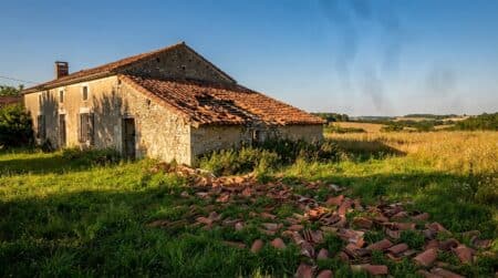 Maison rurale française avec tuiles arrachées sur le toit