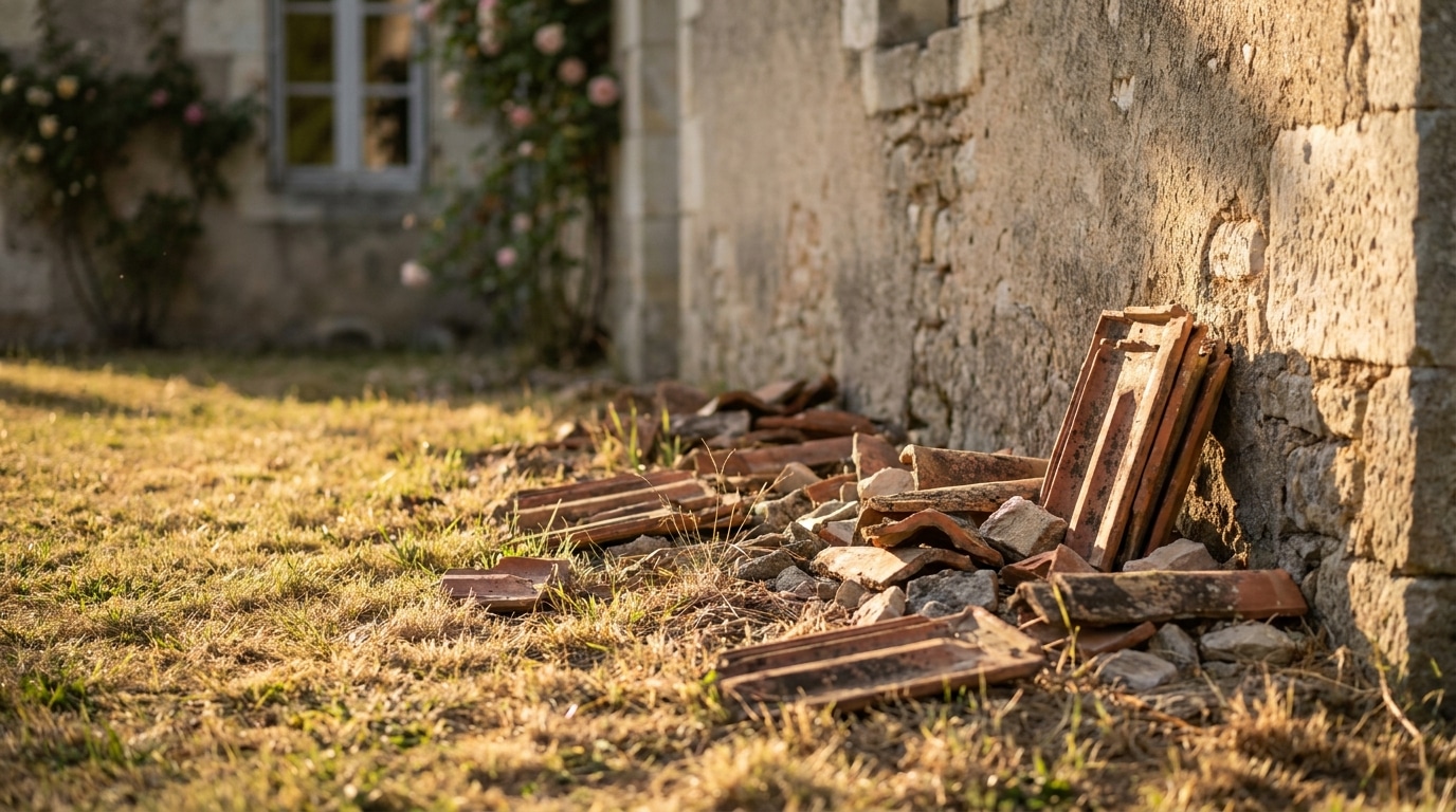 Débris de tuiles en terre cuite dans un jardin