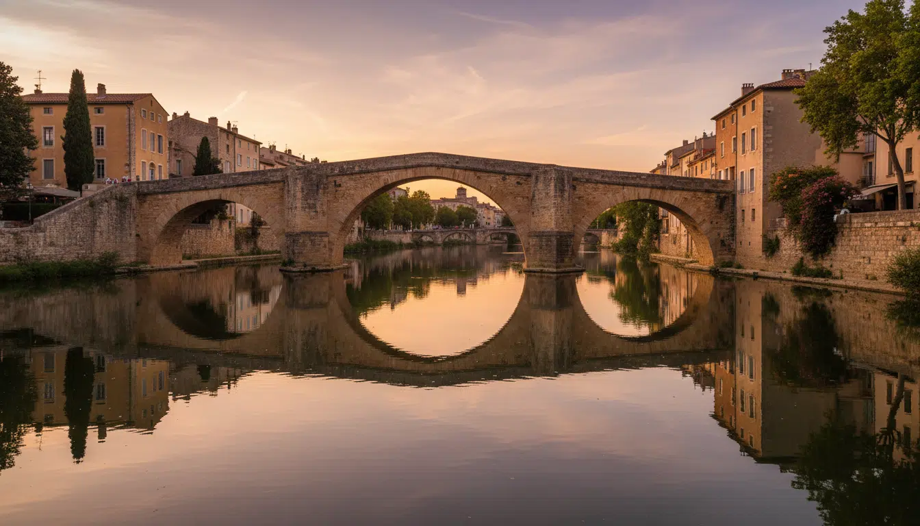 Pont de pierre sur un fleuve dans une ville du sud de la France au coucher du soleil