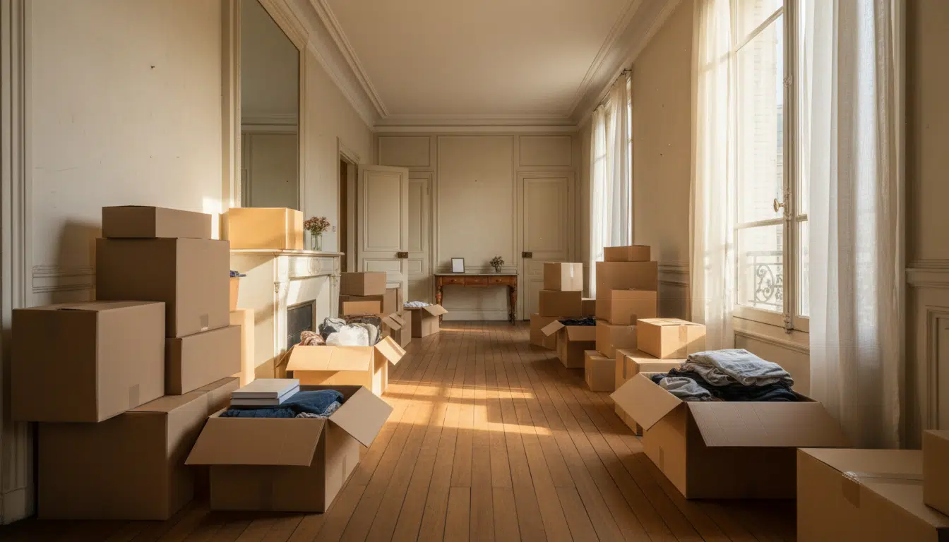 Cartons de déménagement empilés dans un appartement ensoleillé, illustrant le départ de Johanna
