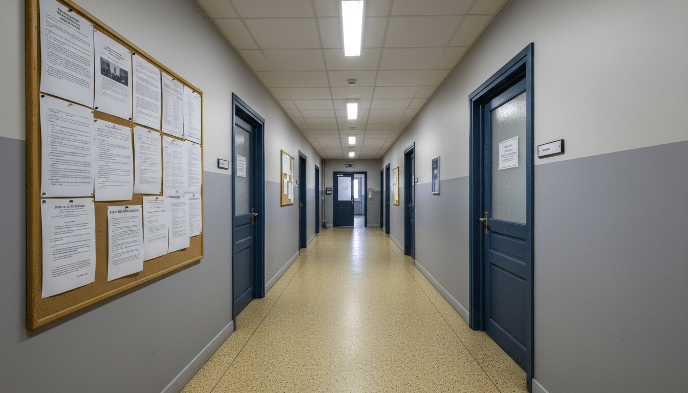 Couloir de commissariat évoquant une confrontation tendue dans Un si grand soleil