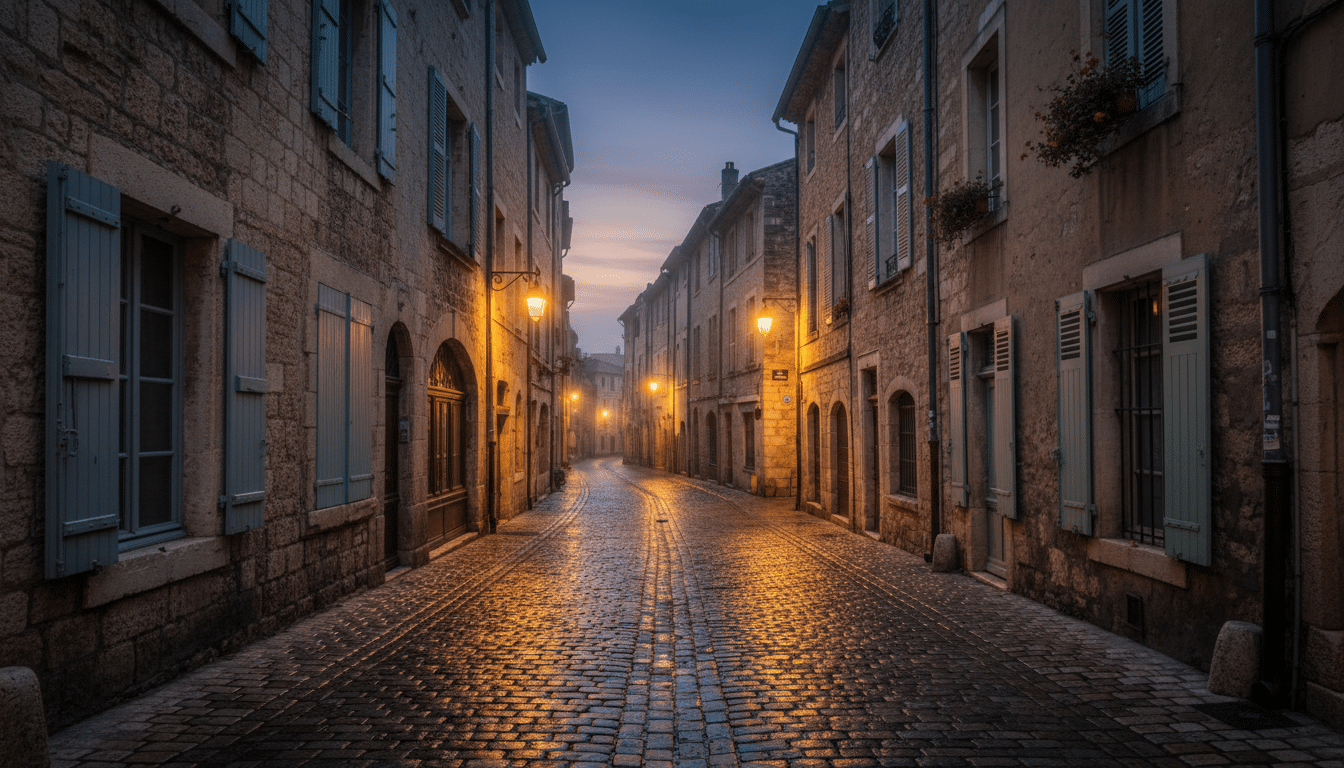 Rue pavée déserte de Montpellier au crépuscule, ambiance sombre et mystérieuse