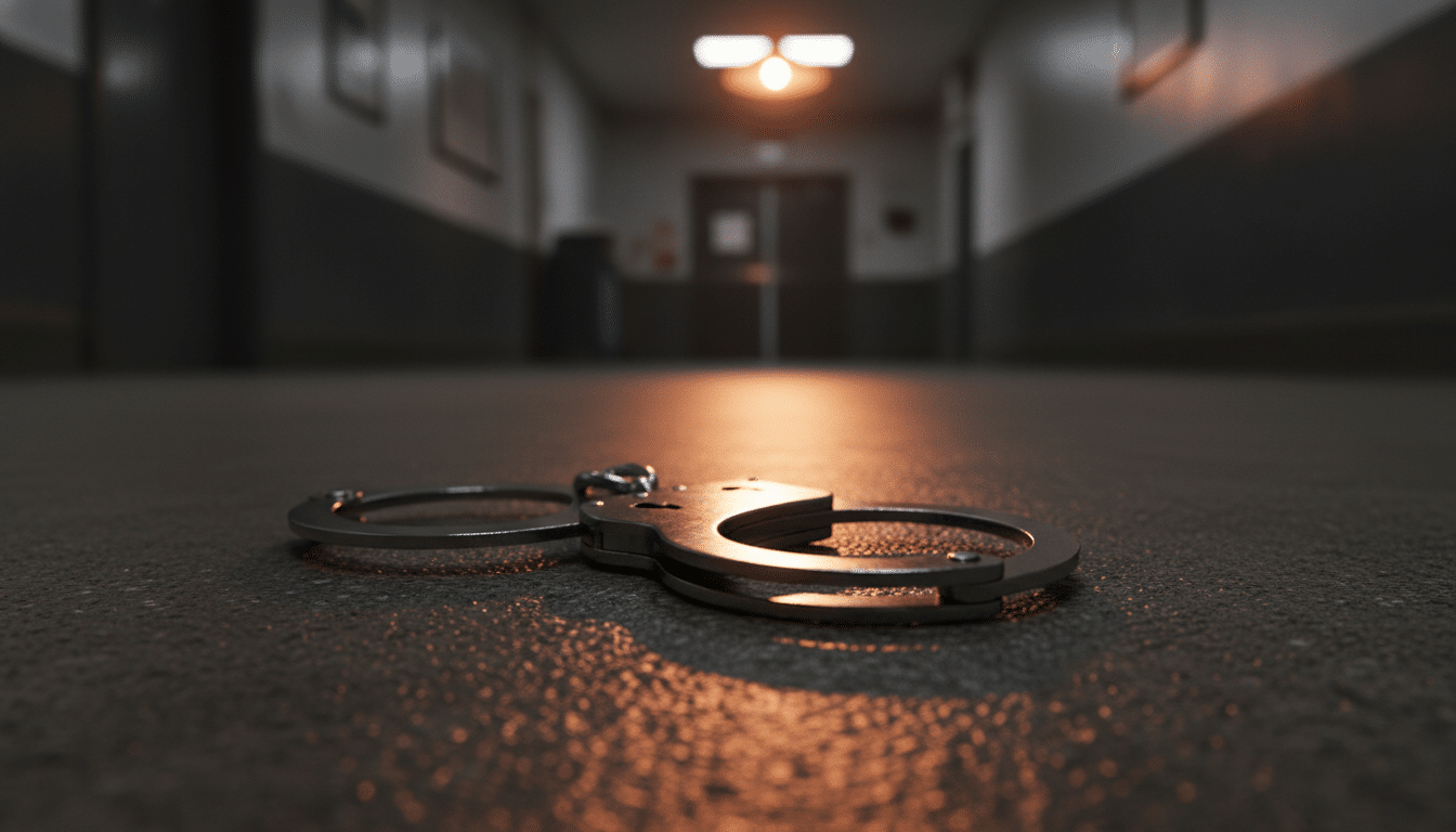 Menottes en acier dans un couloir de commissariat, ambiance dramatique