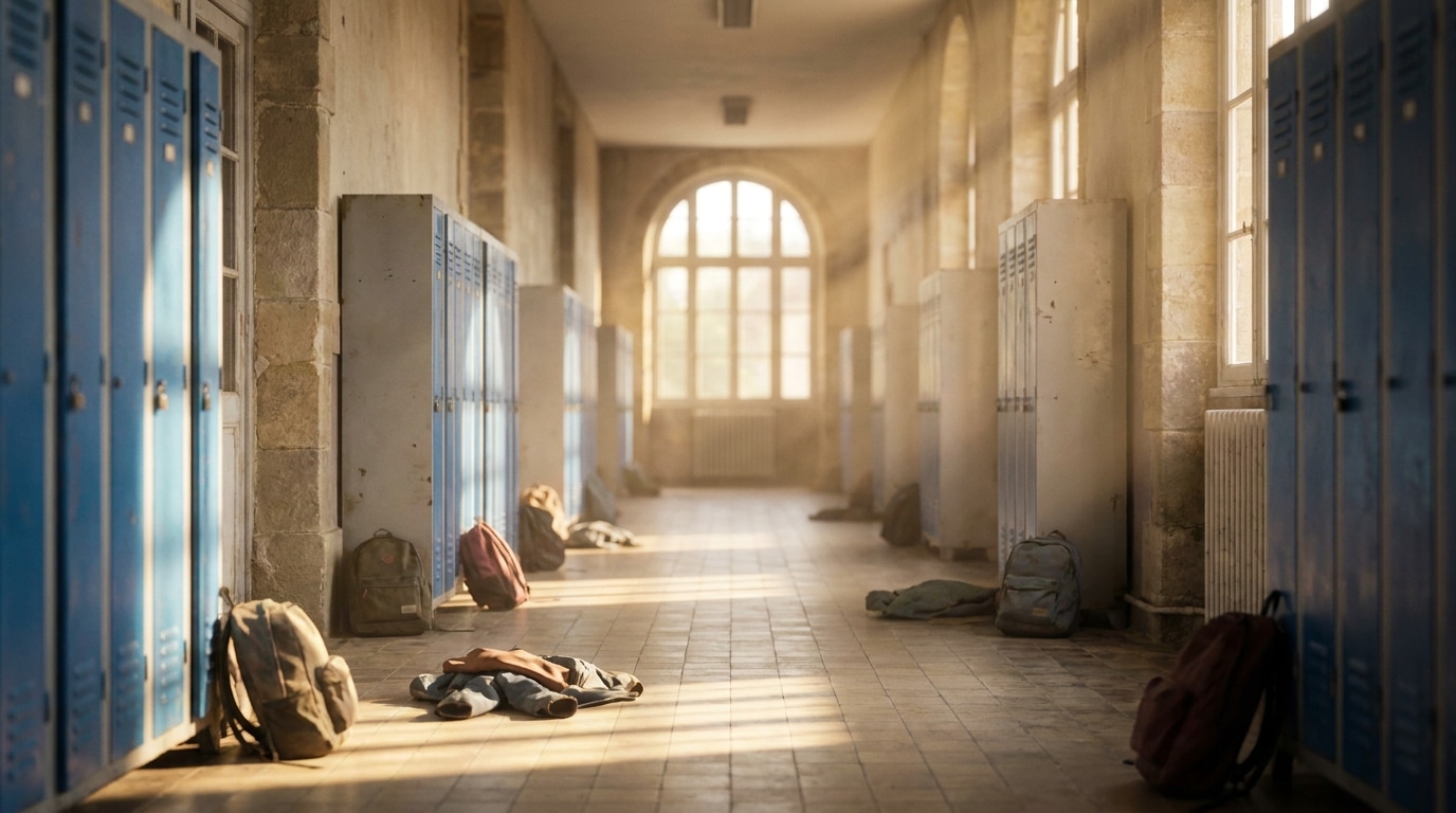 Couloir de lycée français avec casiers métalliques et sacs à dos abandonnés