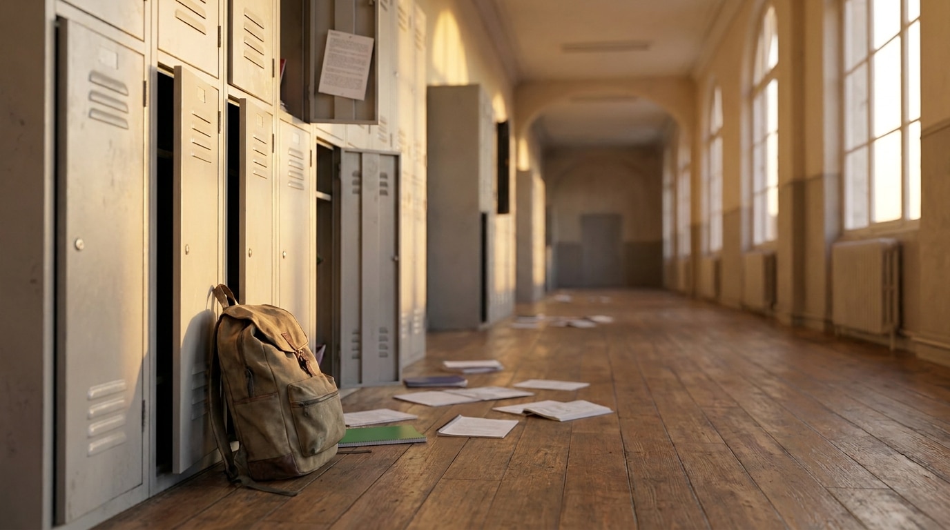 Couloir de lycée avec sac ouvert et papiers éparpillés