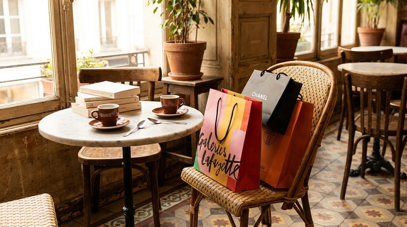 Table de café avec tasses et sacs de shopping colorés