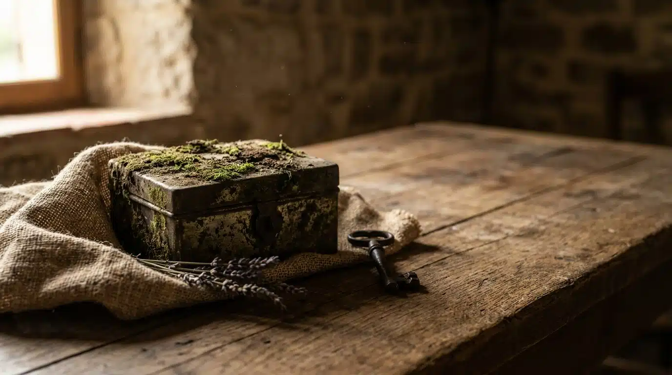 Objet mystérieux posé sur une table provençale dans une ambiance chaleureuse et intrigante