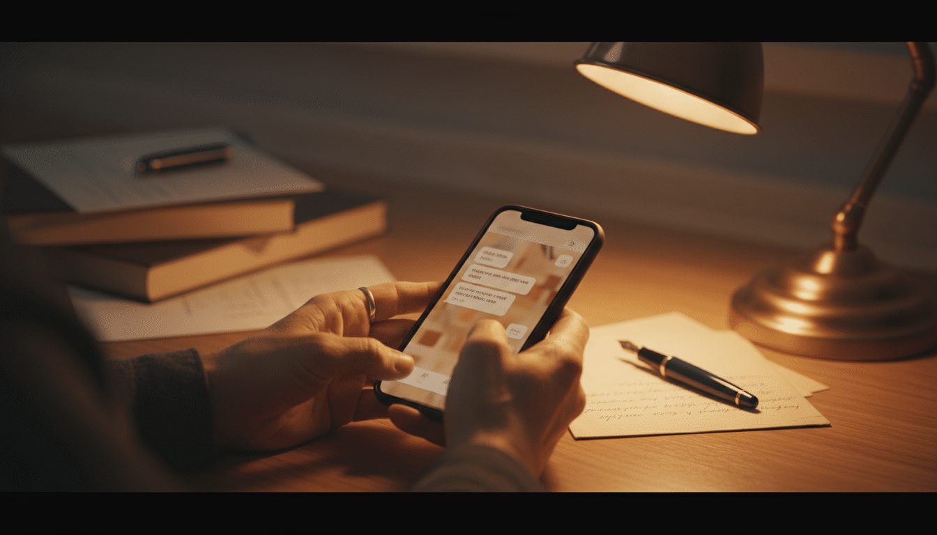 Mains tenant un smartphone avec un message à côté d'une lettre manuscrite