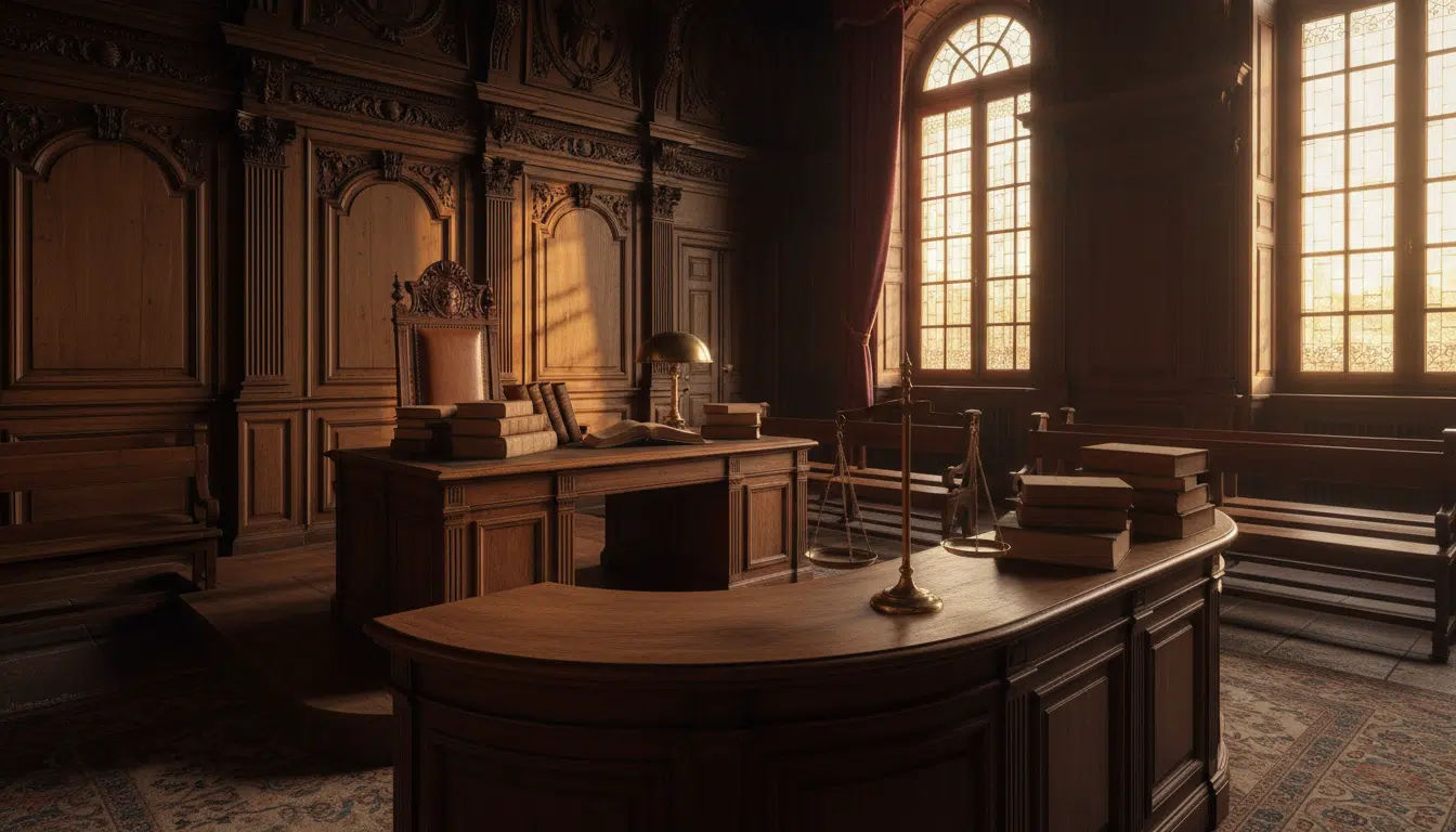 Intérieur d'un tribunal français avec balance de la justice