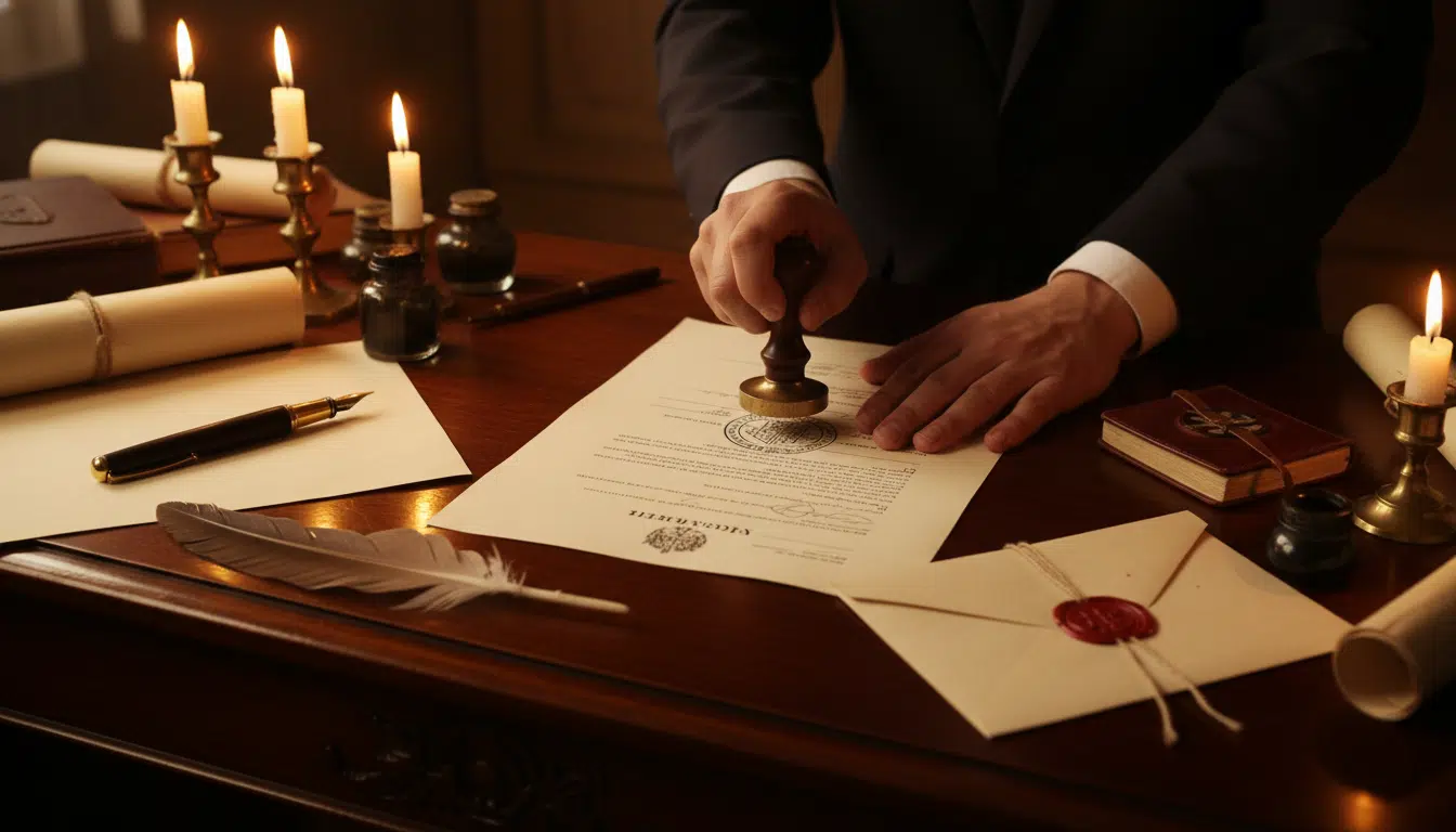 Bureau de notaire avec document officiel tamponné et sceau de cire