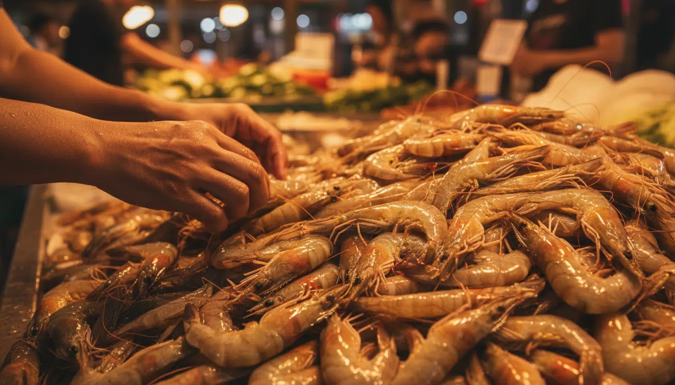 Crevettes crues manipulées à mains nues sur un étal