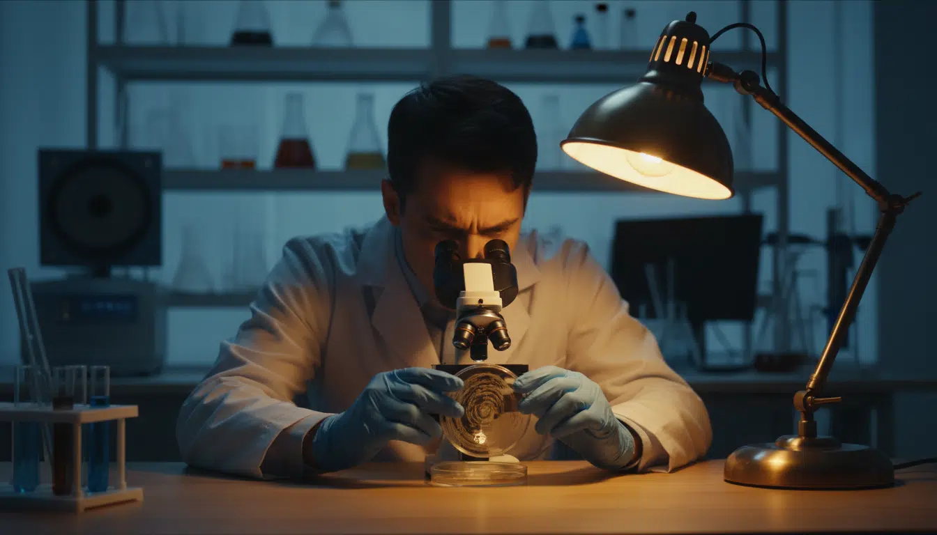 Scientifique examinant un échantillon au microscope en laboratoire
