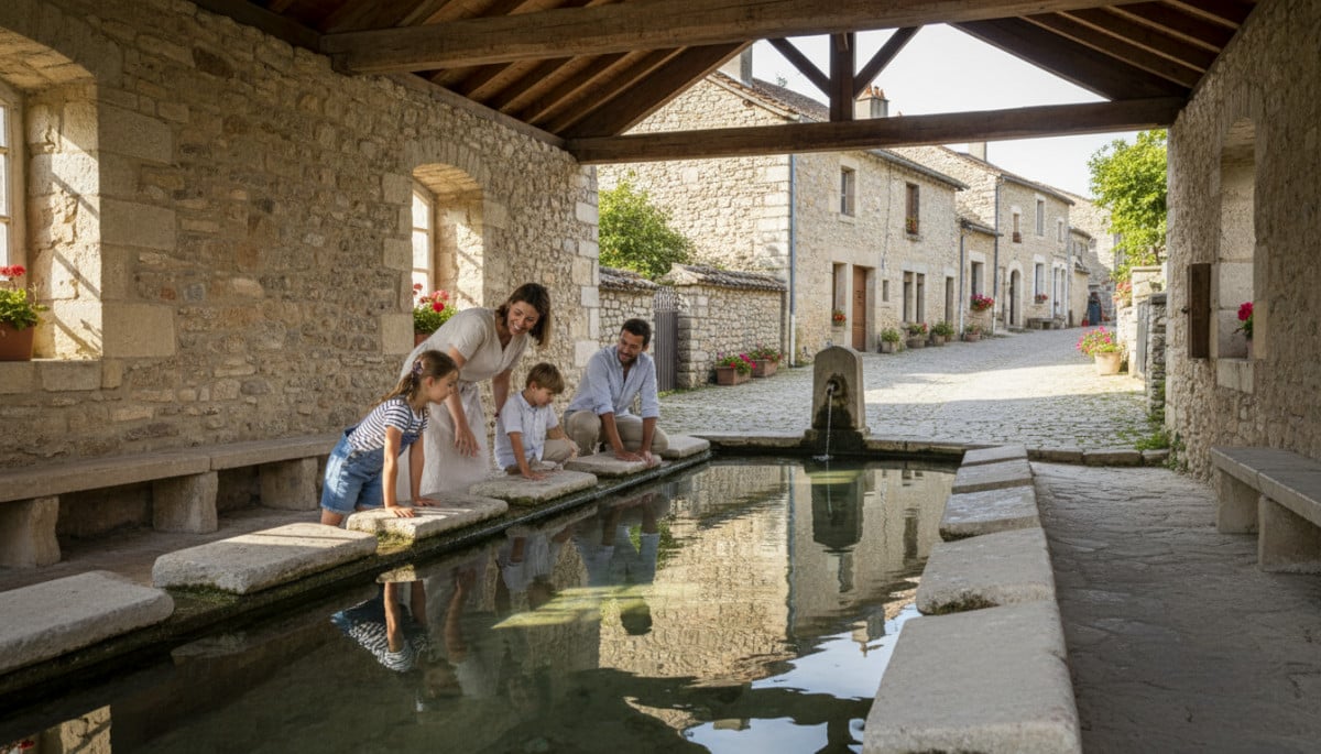 Une famille moderne visitant un lavoir historique.