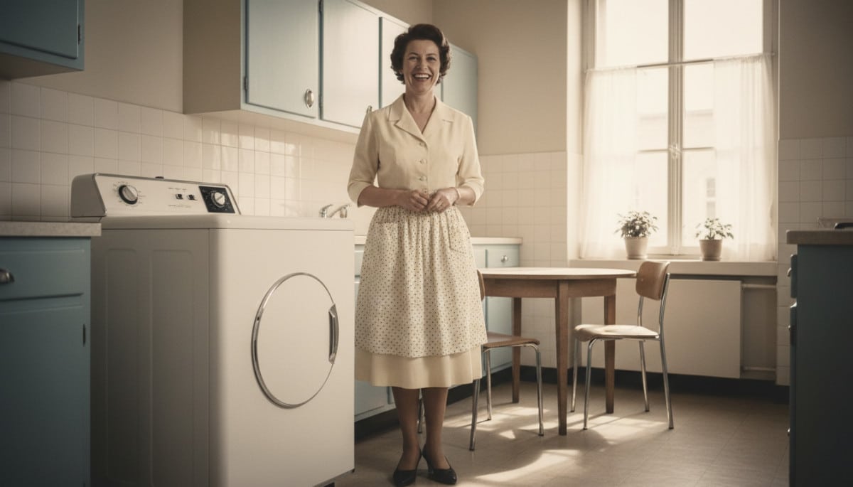 Une femme fière devant une machine à laver des années 50.