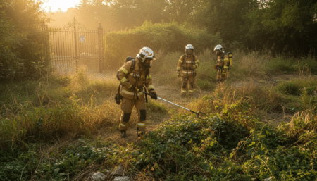 Pompiers recherchant le cobra dans les jardins de Castelginest