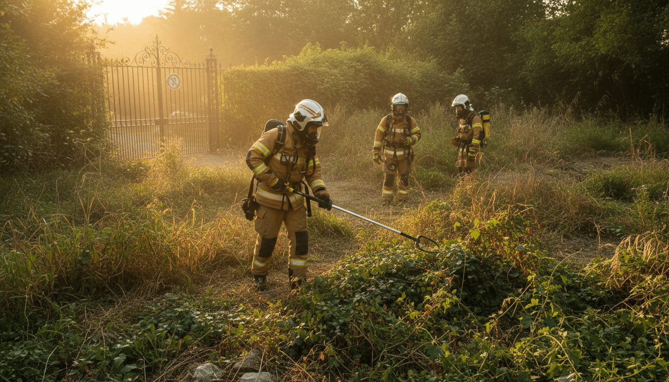 Pompiers recherchant le cobra dans les jardins de Castelginest
