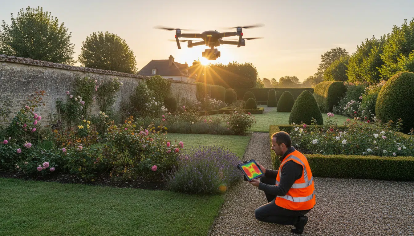 Drone thermique survolant un quartier résidentiel pour localiser le serpent
