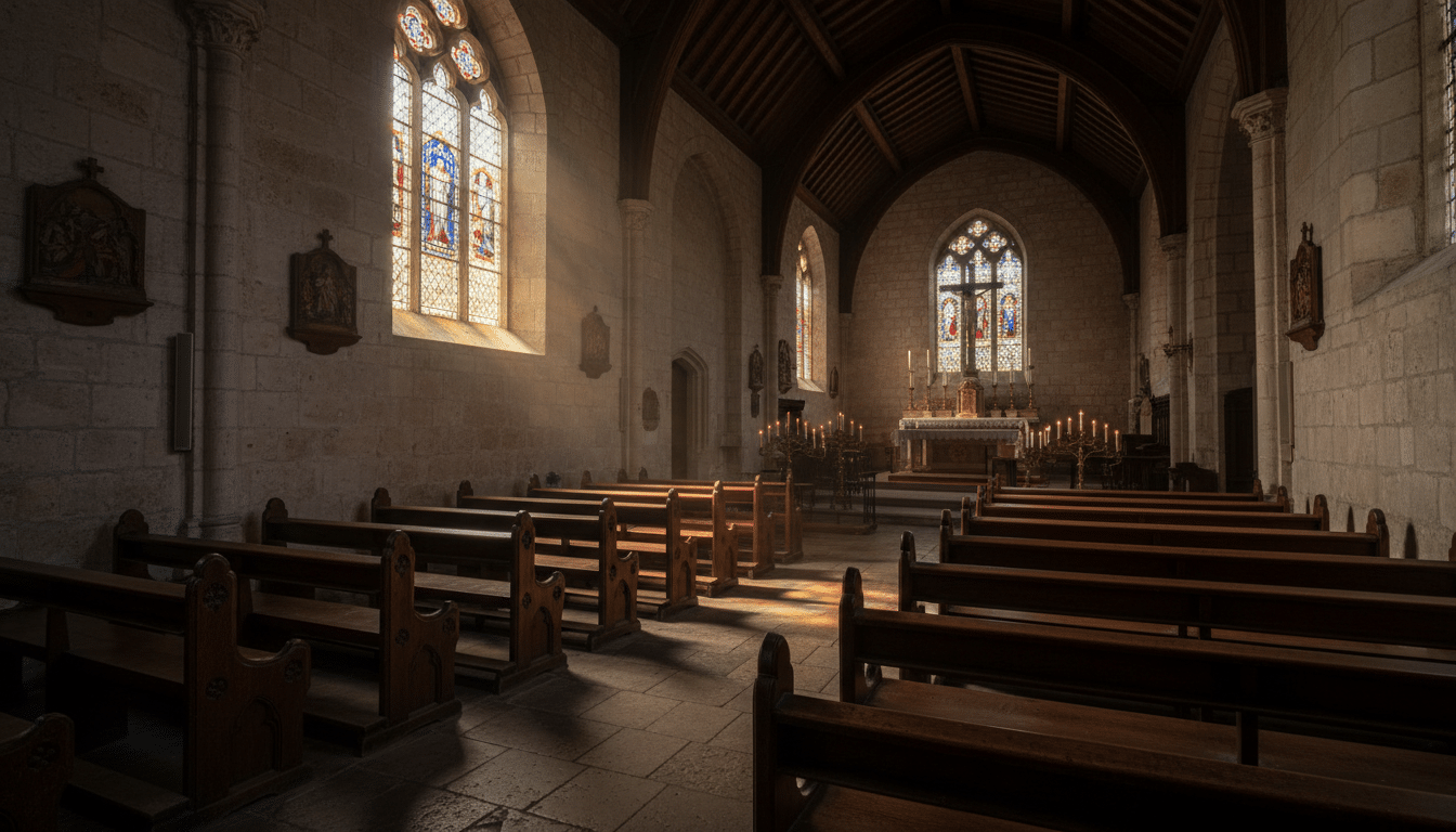 Intérieur sombre d'une chapelle avec lumière dorée