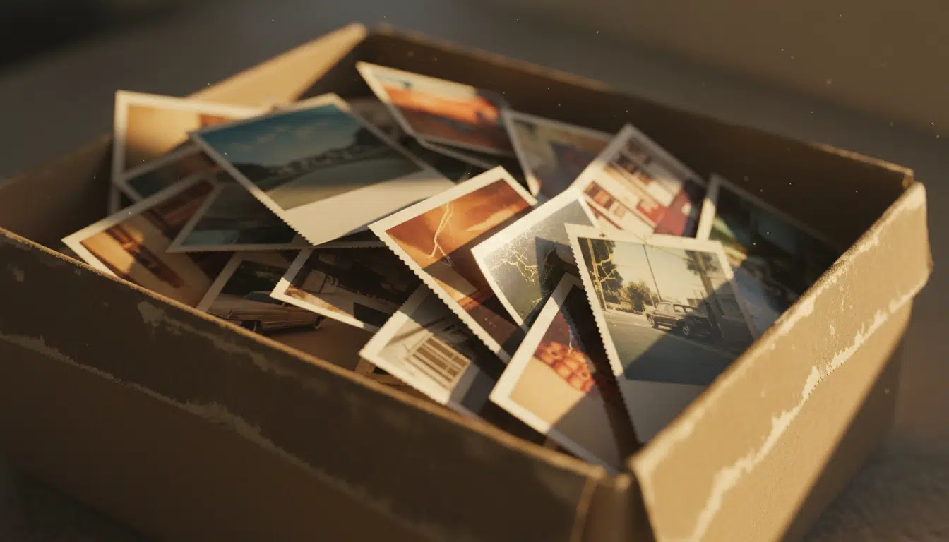 Boîte de vieilles photos et polaroïds des années 80, élément central de la révélation de Coline Berry