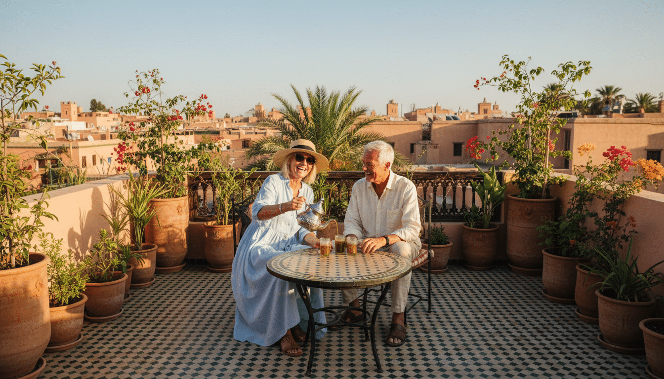 Couple de retraités français sur une terrasse de riad à Marrakech