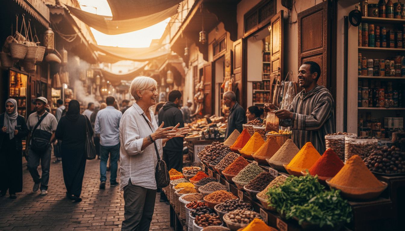 Marché coloré dans une médina marocaine avec une retraitée européenne