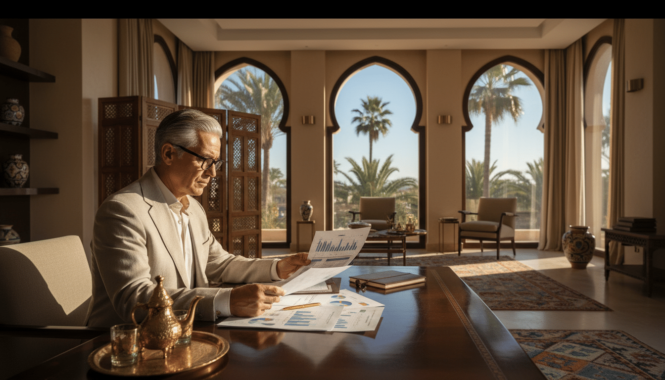 Retraité consultant ses documents fiscaux dans un appartement au Maroc