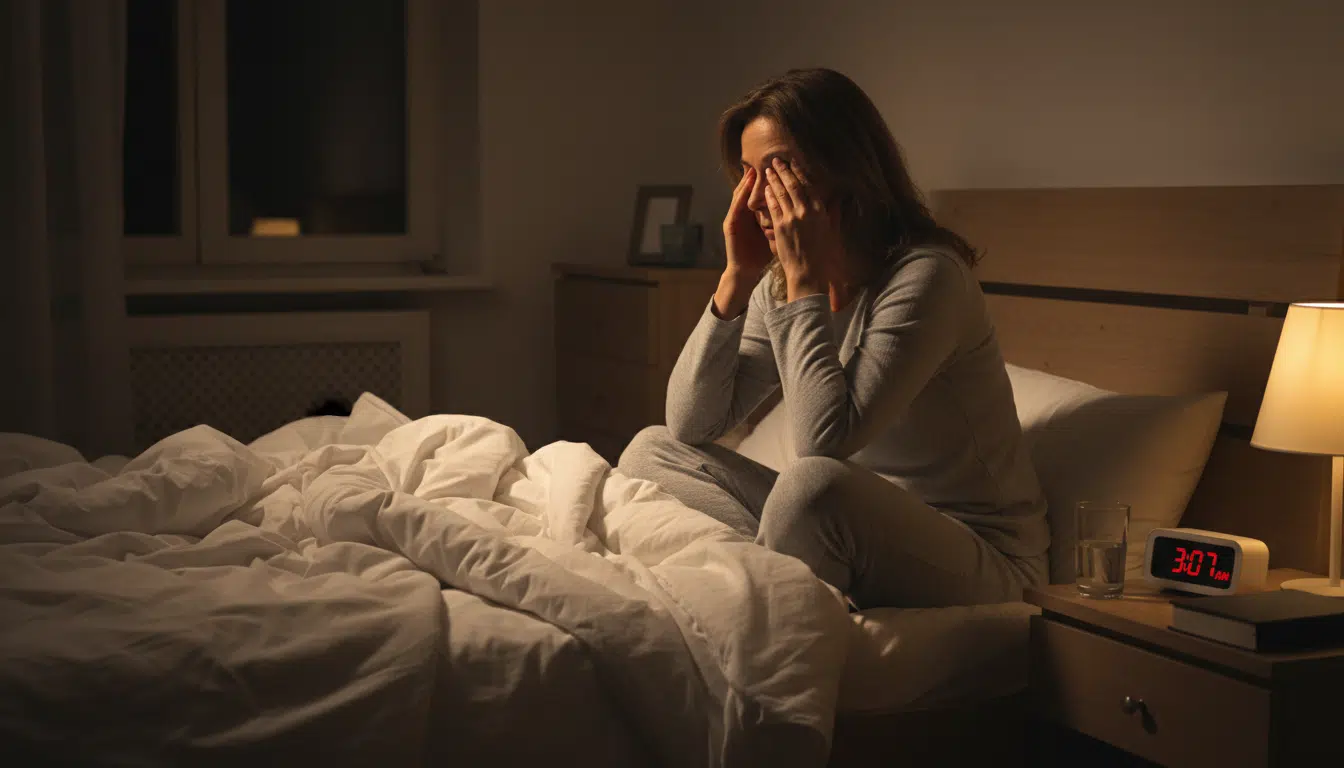 Femme fatiguée assise sur son lit après une nuit blanche