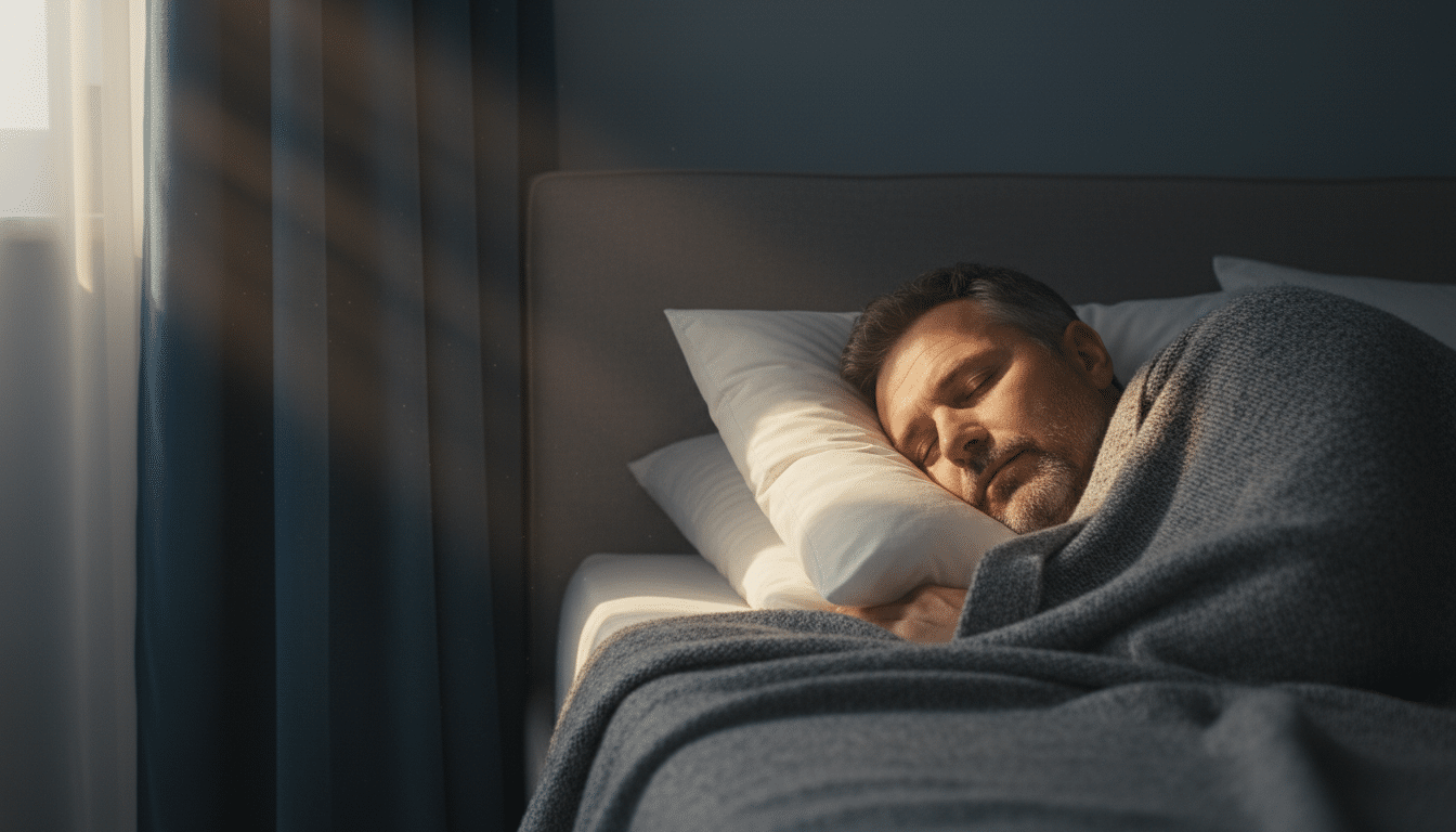 Homme dormant paisiblement dans une chambre sombre et fraîche