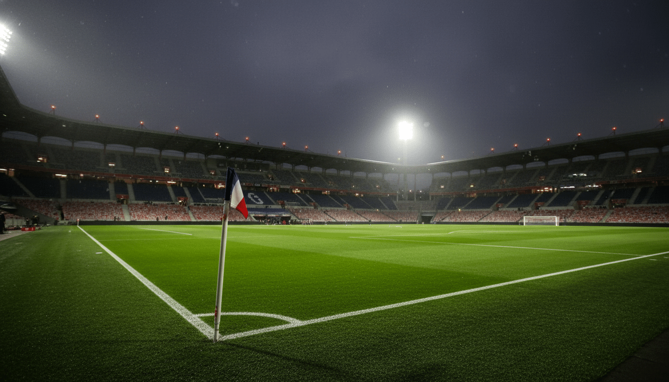 Stade de football français la nuit avec le drapeau de corner au premier plan
