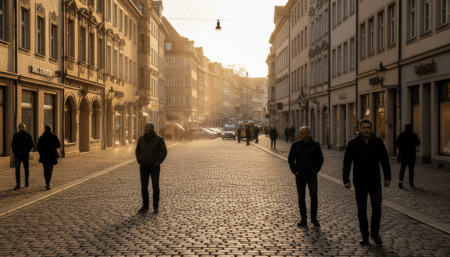 Rue piétonne du centre historique de Leipzig avec véhicules de secours