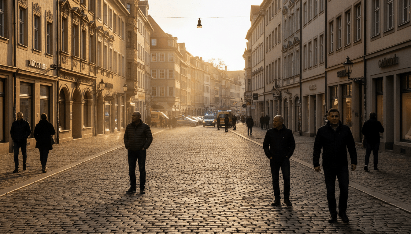 Rue piétonne du centre historique de Leipzig avec véhicules de secours