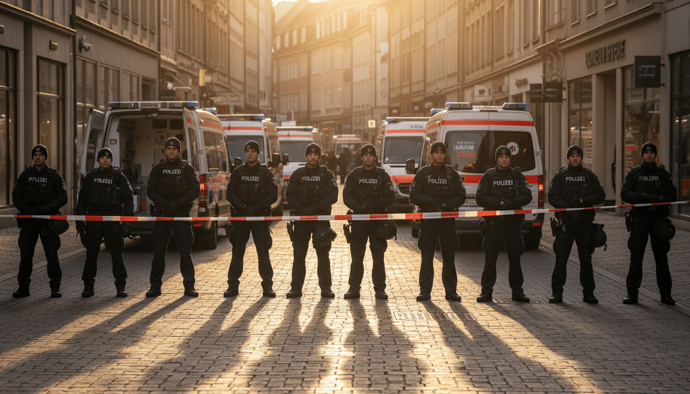 Policiers allemands derrière un périmètre de sécurité à Leipzig