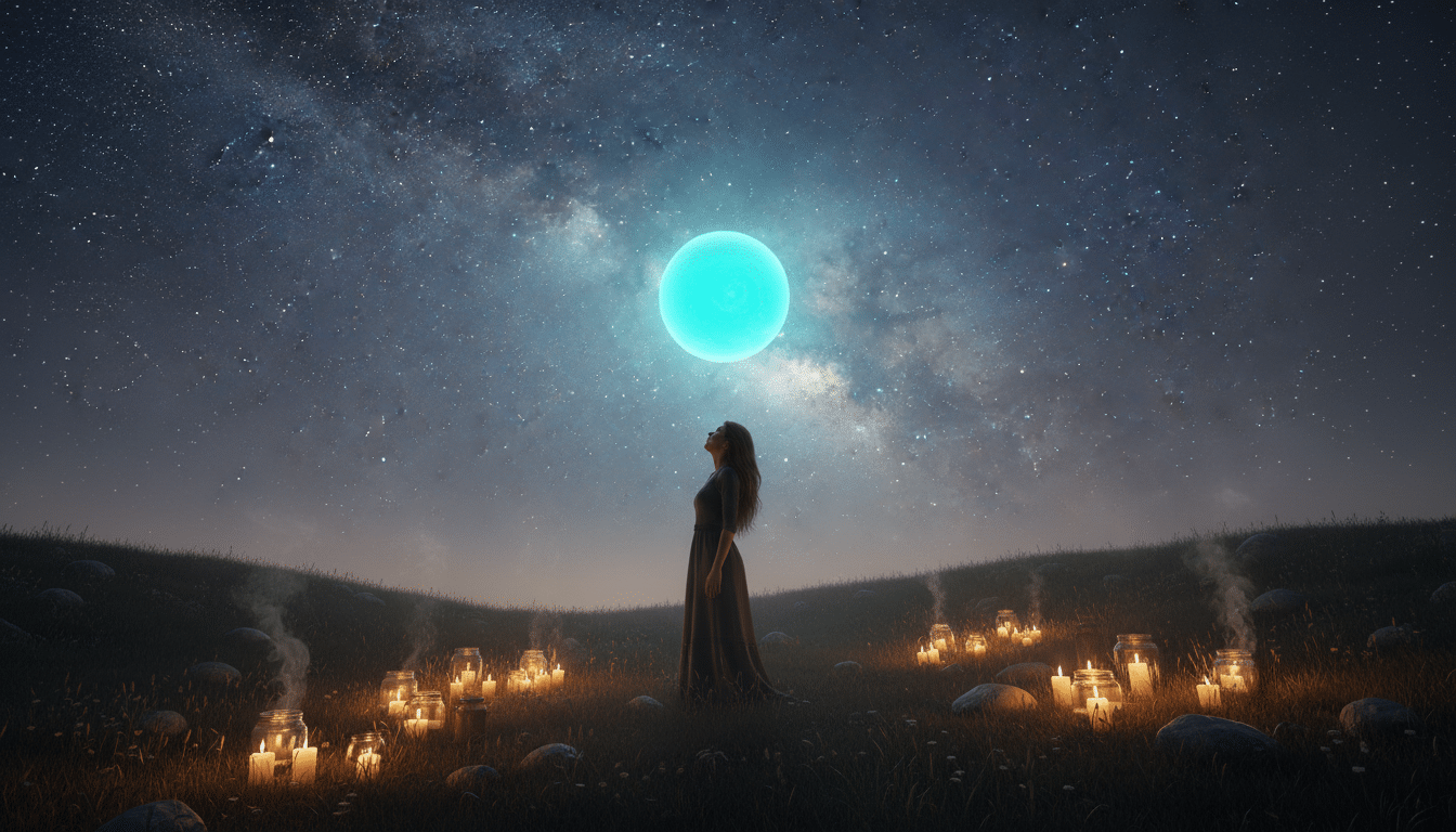 Femme observant Uranus dans un ciel étoilé mystique
