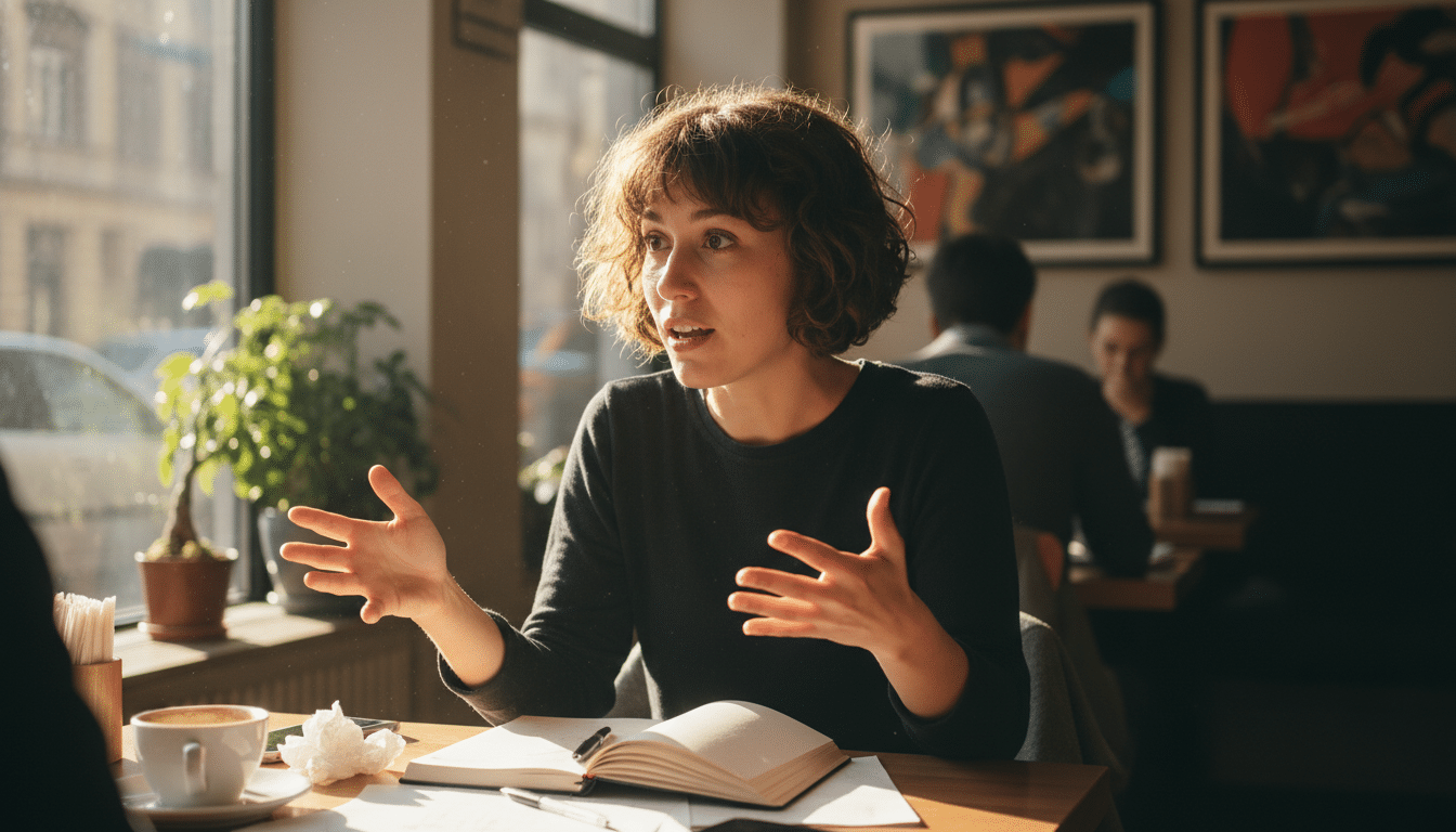 Femme en pleine discussion animée dans un café