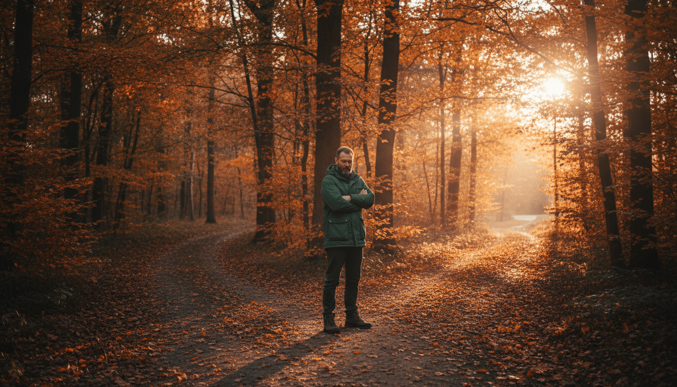 Homme contemplatif à la croisée des chemins en forêt