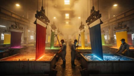 Usine textile avec cuves de teinture chimique