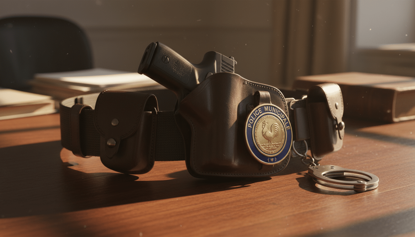 Badge et étui d'arme de police municipale sur un bureau