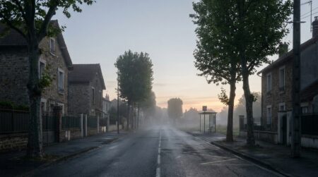 Rue de banlieue parisienne déserte à l'aube dans la brume