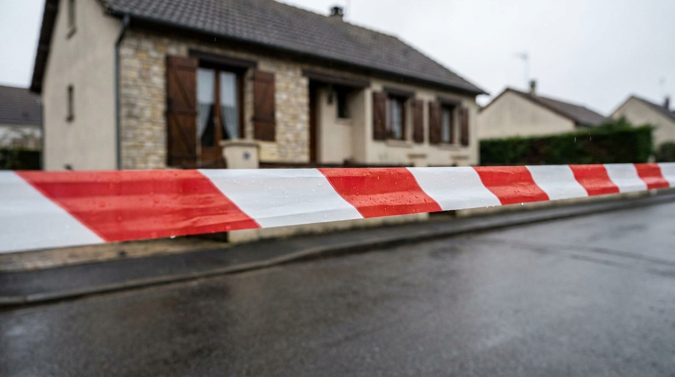 Ruban de police tendu devant une maison de banlieue française