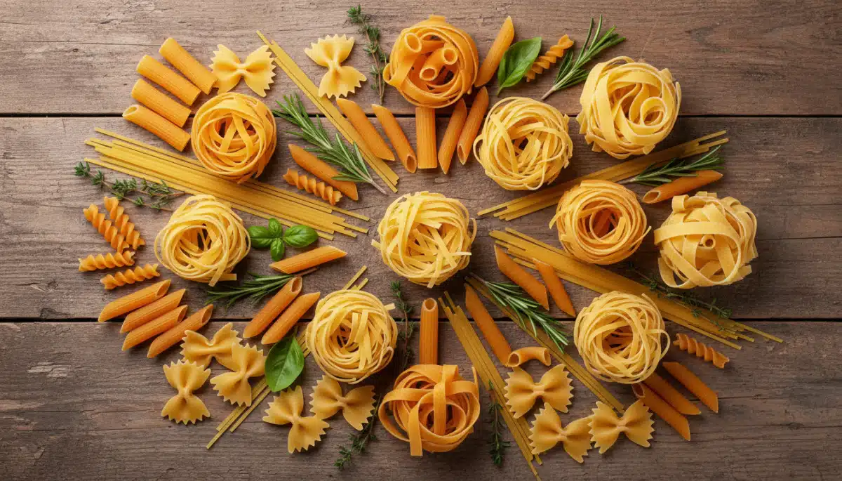 Variété de formes de pâtes sur une table en bois